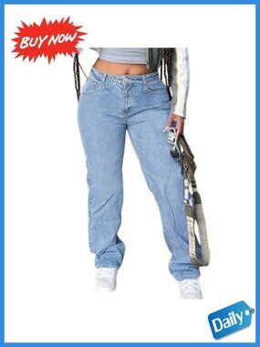 Womens Mid Waisted Straight Wide Leg Jeans Loose Baggy Boyfriend